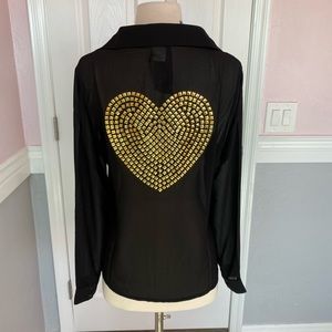 moon collection black blouse long sleeve heart gold rhinestone M